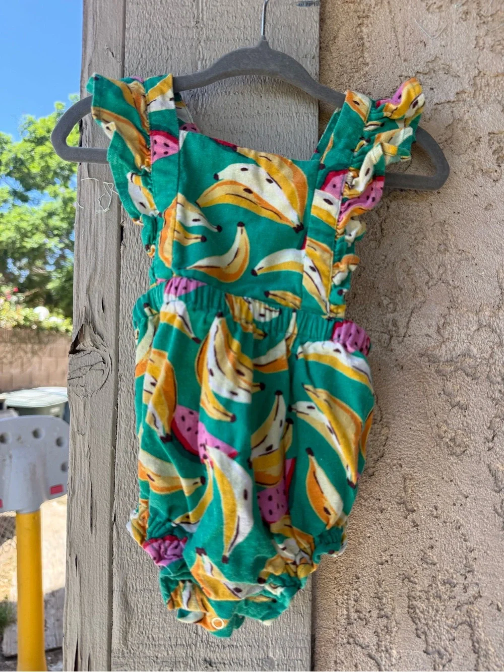 Old Navy Green Banana Print Ruffle Romper with Pink Accents